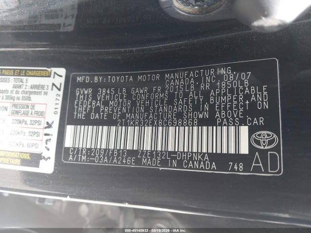 45140932 :رقم المزاد ، 2T1KR32EX8C698868 vin ، 2008 Toyota Matrix Xr مزاد بيع