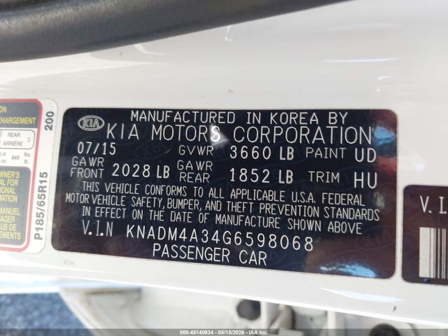 Продажа на аукционе авто 2016 Kia Rio Lx, vin: KNADM4A34G6598068, номер лота: 45140934