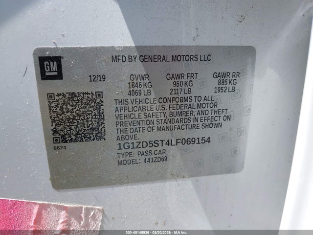 Aukcja sprzedaży 2020 Chevrolet Malibu Fwd Lt, vin: 1G1ZD5ST4LF069154, numer aukcji: 45140936