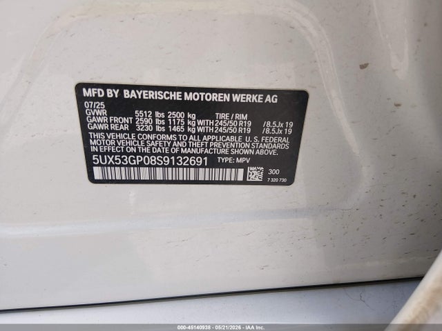 45140938 :رقم المزاد ، 5UX53GP08S9132691 vin ، 2025 Bmw X3 30 Xdrive مزاد بيع