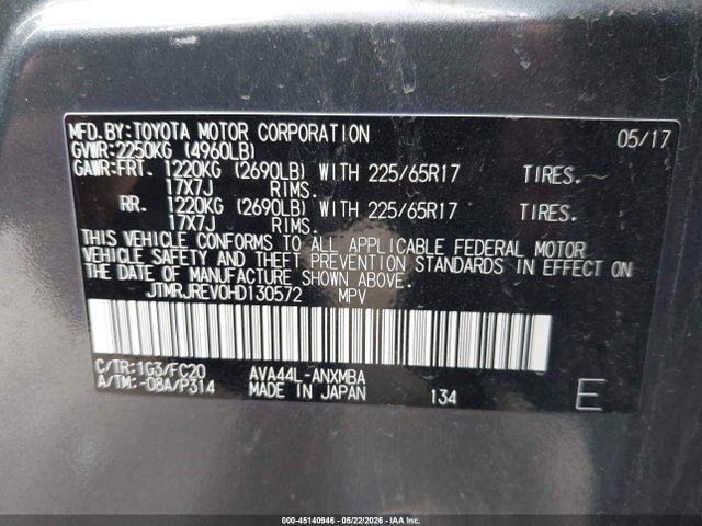 45140946 :رقم المزاد ، JTMRJREV0HD130572 vin ، 2017 Toyota Rav4 Hybrid Xle مزاد بيع