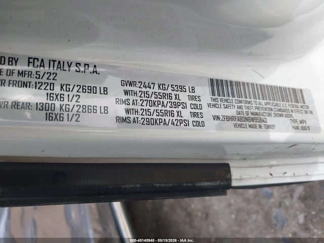 2022 Ram Promaster City Cargo Van მანქანა იყიდება აუქციონზე, vin: ZFBHRFAB0N6W95843, აუქციონის ნომერი: 45140948