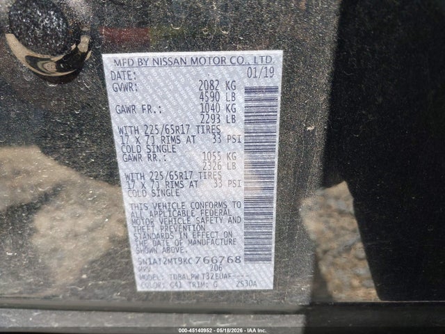 45140952 :رقم المزاد ، 5N1AT2MT9KC766768 vin ، 2019 Nissan Rogue S مزاد بيع
