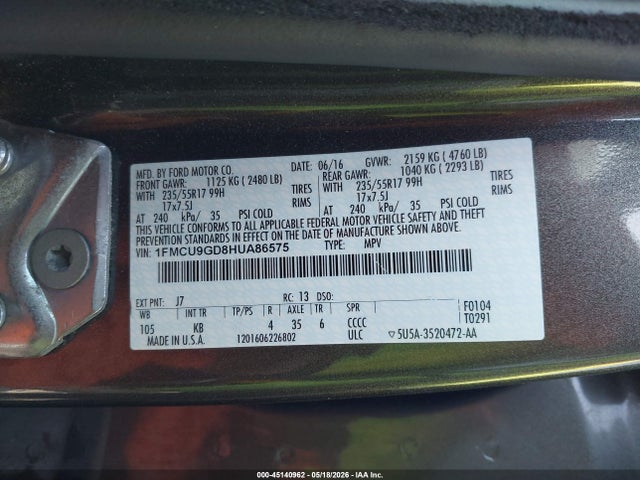 Продаж на аукціоні авто 2017 Ford Escape Se, vin: 1FMCU9GD8HUA86575, номер лоту: 45140962