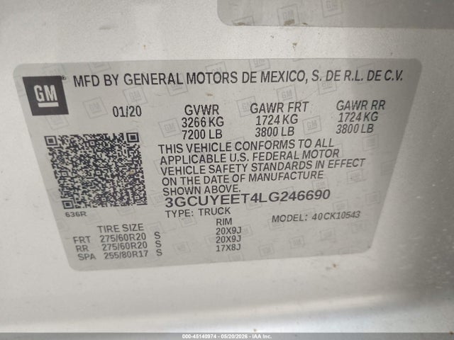45140974 :رقم المزاد ، 3GCUYEET4LG246690 vin ، 2020 Chevrolet Silverado 1500 4wd  Short Bed Rst مزاد بيع