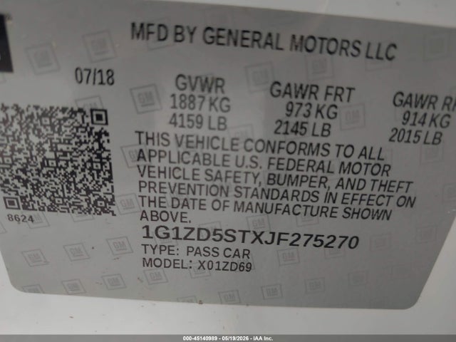 45140989 :رقم المزاد ، 1G1ZD5STXJF275270 vin ، 2018 Chevrolet Malibu Lt مزاد بيع