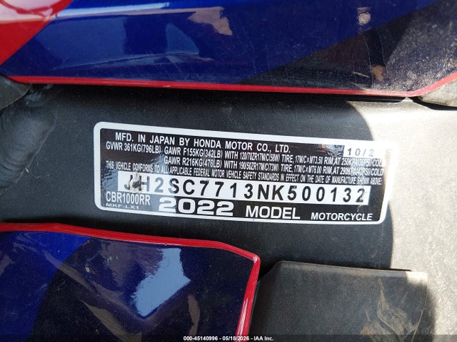 Продажа на аукционе авто 2022 Honda Cbr1000 Rr, vin: JH2SC7713NK500132, номер лота: 45140996