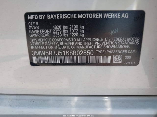 Aukcja sprzedaży 2019 Bmw 330i Xdrive, vin: 3MW5R7J51K8B02850, numer aukcji: 45141000