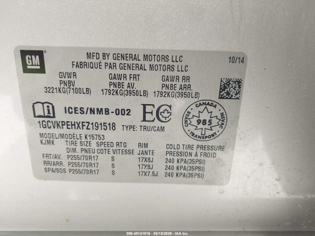 Aukcja sprzedaży 2015 Chevrolet Silverado 1500 Ls/wt, vin: 1GCVKPEHXFZ191518, numer aukcji: 45141016