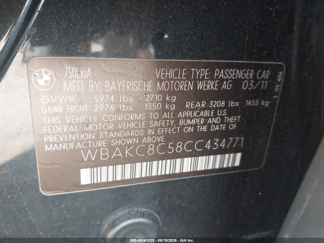 Продажа на аукционе авто 2012 Bmw 750li Xdrive, vin: WBAKC8C58CC434771, номер лота: 45141025