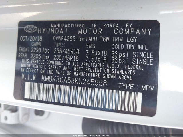 2019 Hyundai Kona Limited მანქანა იყიდება აუქციონზე, vin: KM8K3CA53KU245958, აუქციონის ნომერი: 45141029