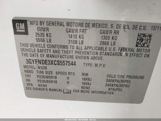 45141032 :رقم المزاد ، 3GYFNDE3XCS557544 vin ، 2012 Cadillac Srx Luxury Collection مزاد بيع