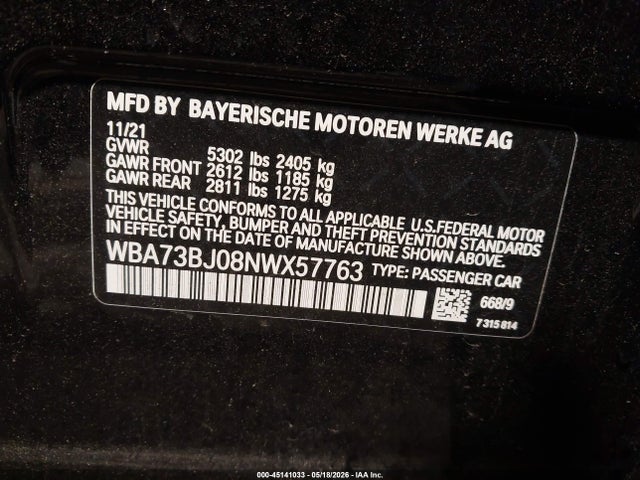 2022 Bmw 540 I Xdrive მანქანა იყიდება აუქციონზე, vin: WBA73BJ08NWX57763, აუქციონის ნომერი: 45141033