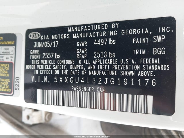 2018 Kia Optima Ex მანქანა იყიდება აუქციონზე, vin: 5XXGU4L32JG191176, აუქციონის ნომერი: 45141038