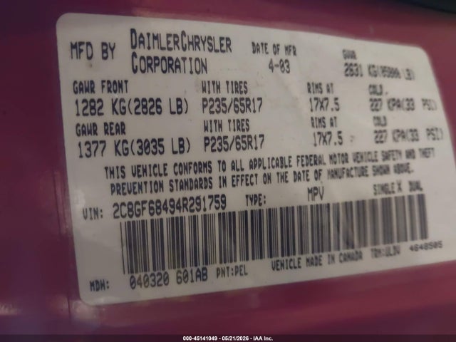 45141049 :رقم المزاد ، 2C8GF68494R291759 vin ، 2004 Chrysler Pacifica مزاد بيع