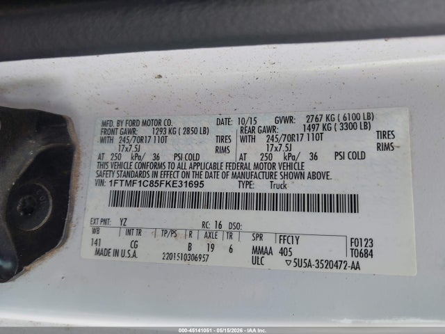 2015 Ford F-150 Xl მანქანა იყიდება აუქციონზე, vin: 1FTMF1C85FKE31695, აუქციონის ნომერი: 45141051