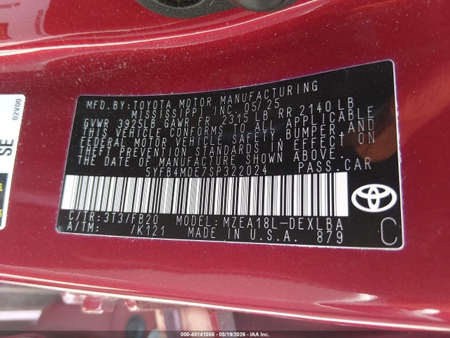 45141058 :رقم المزاد ، 5YFB4MDE7SP322024 vin ، 2025 Toyota Corolla Le مزاد بيع