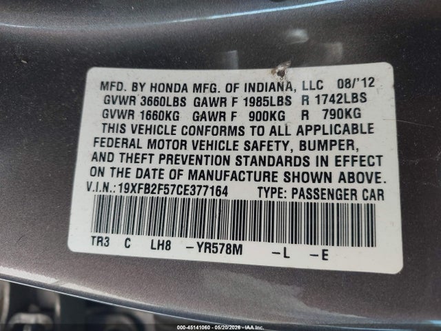 2012 Honda Civic Lx მანქანა იყიდება აუქციონზე, vin: 19XFB2F57CE377164, აუქციონის ნომერი: 45141060