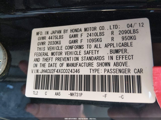 2012 Acura Tsx 2.4 მანქანა იყიდება აუქციონზე, vin: JH4CU2F4XCC024346, აუქციონის ნომერი: 45141063