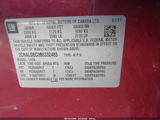 Aukcja sprzedaży 2011 Chevrolet Equinox 1lt, vin: 2CNALDEC0B6332483, numer aukcji: 45141066