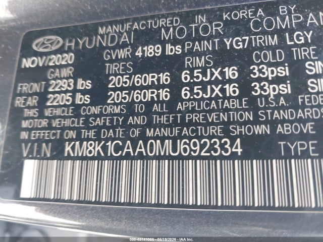Hyundai Kona Se 2021 KM8K1CAA0MU692334 Image 9