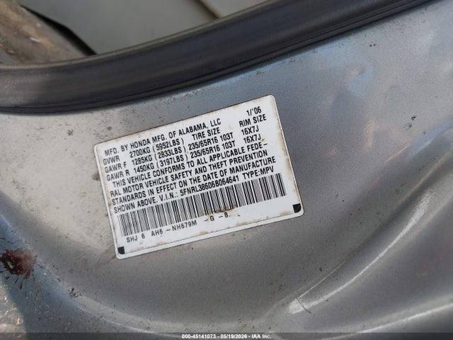 45141073 :رقم المزاد ، 5FNRL38606B064641 vin ، 2006 Honda Odyssey Ex-l مزاد بيع