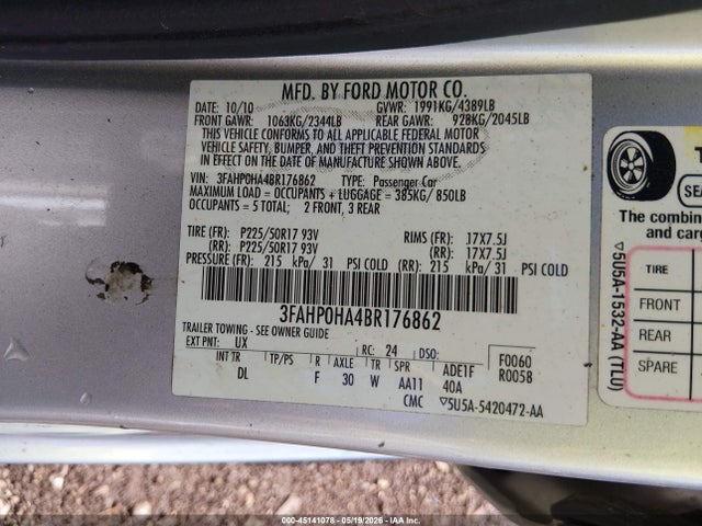 2011 Ford Fusion Se მანქანა იყიდება აუქციონზე, vin: 3FAHP0HA4BR176862, აუქციონის ნომერი: 45141078
