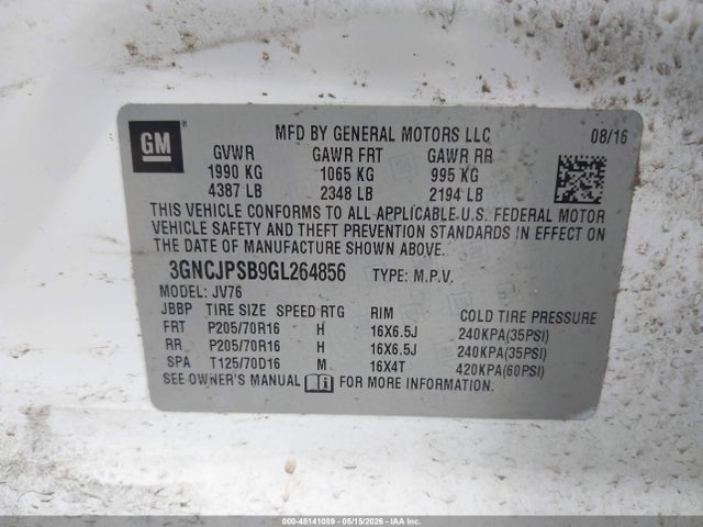 Продаж на аукціоні авто 2016 Chevrolet Trax Lt, vin: 3GNCJPSB9GL264856, номер лоту: 45141089