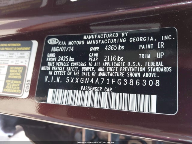2015 Kia Optima Ex მანქანა იყიდება აუქციონზე, vin: 5XXGN4A71FG386308, აუქციონის ნომერი: 45141090