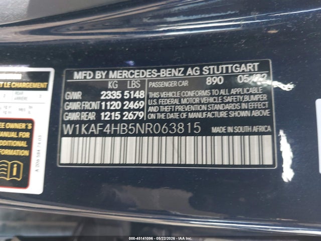 2022 Mercedes-benz C 300 4matic მანქანა იყიდება აუქციონზე, vin: W1KAF4HB5NR063815, აუქციონის ნომერი: 45141096