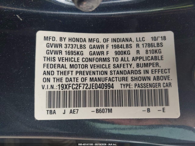 Aukcja sprzedaży 2018 Honda Civic Ex, vin: 19XFC2F72JE040994, numer aukcji: 45141100