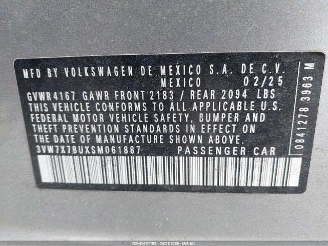 Aukcja sprzedaży 2025 Volkswagen Jetta 1.5t Se, vin: 3VW7X7BUXSM061887, numer aukcji: 45141102