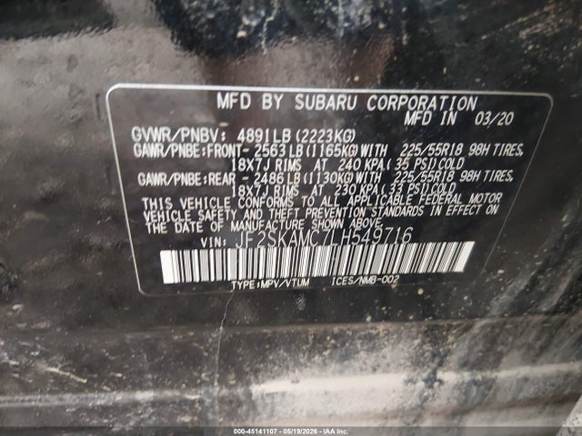 Продажа на аукционе авто 2020 Subaru Forester Sport, vin: JF2SKAMC7LH549716, номер лота: 45141107