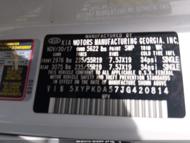 Aukcja sprzedaży 2018 Kia Sorento 3.3l Sxl, vin: 5XYPKDA57JG420814, numer aukcji: 45141110