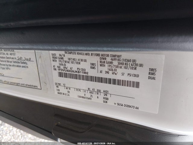45141126 :رقم المزاد ، 1FDVU4XG9JKB11992 vin ، 2018 Ford Transit-350 Xl مزاد بيع