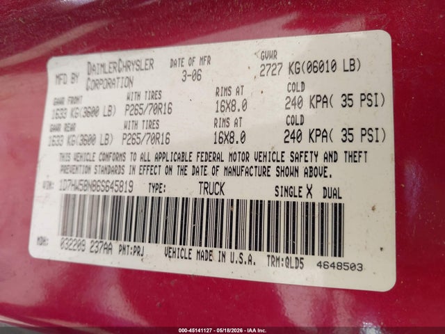 Продаж на аукціоні авто 2006 Dodge Dakota Laramie, vin: 1D7HW58N86S645819, номер лоту: 45141127