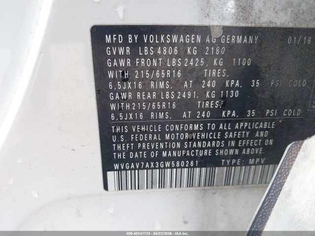 Продажа на аукционе авто 2016 Volkswagen Tiguan S, vin: WVGAV7AX3GW580261, номер лота: 45141133