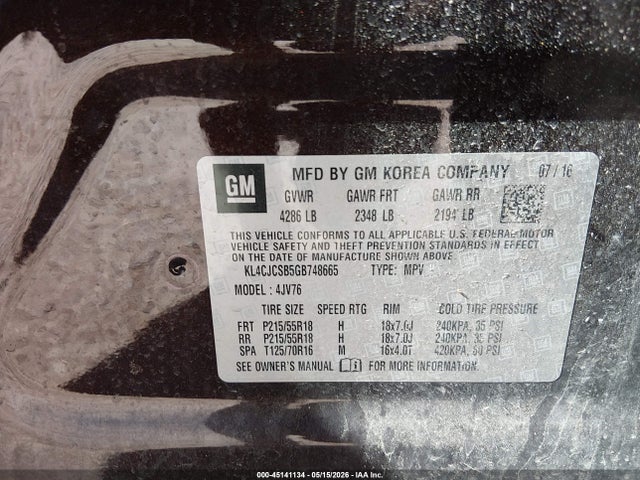 45141134 :رقم المزاد ، KL4CJCSB5GB748665 vin ، 2016 Buick Encore Leather مزاد بيع