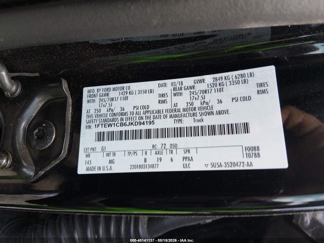 2018 Ford F-150 Xlt მანქანა იყიდება აუქციონზე, vin: 1FTEW1CB6JKD94195, აუქციონის ნომერი: 45141137