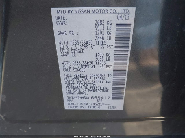 Продажа на аукционе авто 2013 Nissan Pathfinder Platinum, vin: 5N1AR2MM3DC668412, номер лота: 45141148