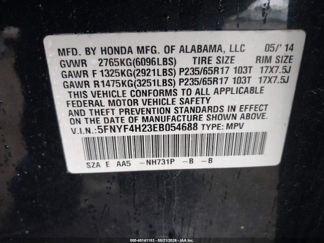 Honda PILOT LX 2014 5FNYF4H23EB054688 Image 9