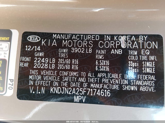 2015 Kia Soul მანქანა იყიდება აუქციონზე, vin: KNDJN2A25F7174616, აუქციონის ნომერი: 45141160