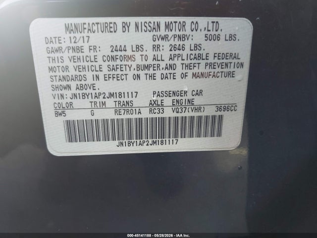 45141188 :رقم المزاد ، JN1BY1AP2JM181117 vin ، 2018 Infiniti Q70 3.7 Luxe مزاد بيع