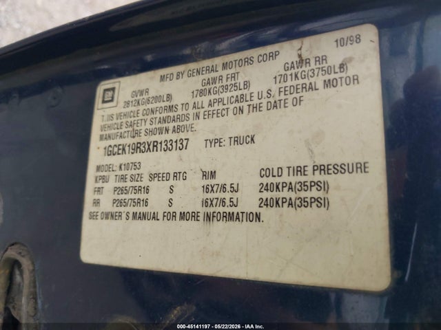 1999 Chevrolet K1500 Ls მანქანა იყიდება აუქციონზე, vin: 1GCEK19R3XR133137, აუქციონის ნომერი: 45141197