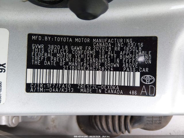 45141200 :رقم المزاد ، 2T1BURHE3HC758224 vin ، 2017 Toyota Corolla L مزاد بيع