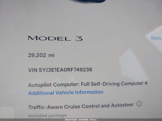 Aukcja sprzedaży 2024 Tesla Model 3, vin: 5YJ3E1EA0RF749238, numer aukcji: 45141201