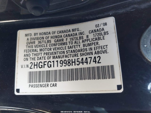 Продажа на аукционе авто 2008 Honda Civic Ex-l, vin: 2HGFG11998H544742, номер лота: 45141214
