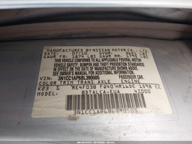 Aukcja sprzedaży 2011 Nissan Versa 1.6, vin: 3N1CC1AP6BL390505, numer aukcji: 45141219