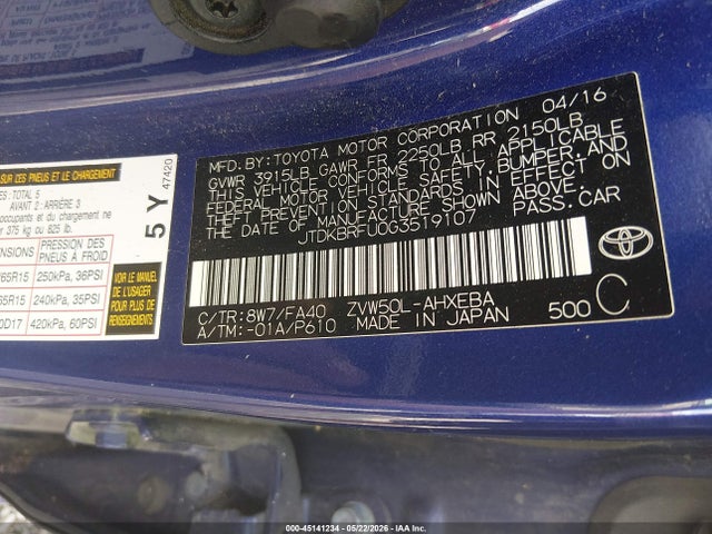 45141234 :رقم المزاد ، JTDKBRFU0G3519107 vin ، 2016 Toyota Prius Two مزاد بيع
