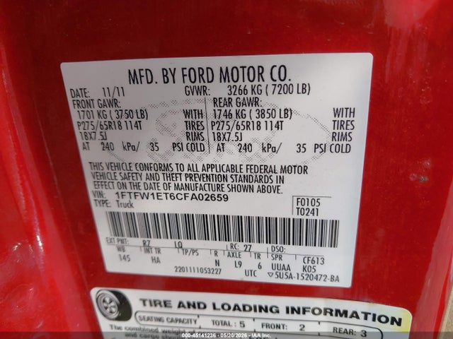 45141236 :رقم المزاد ، 1FTFW1ET6CFA02659 vin ، 2012 Ford F-150 Lariat مزاد بيع
